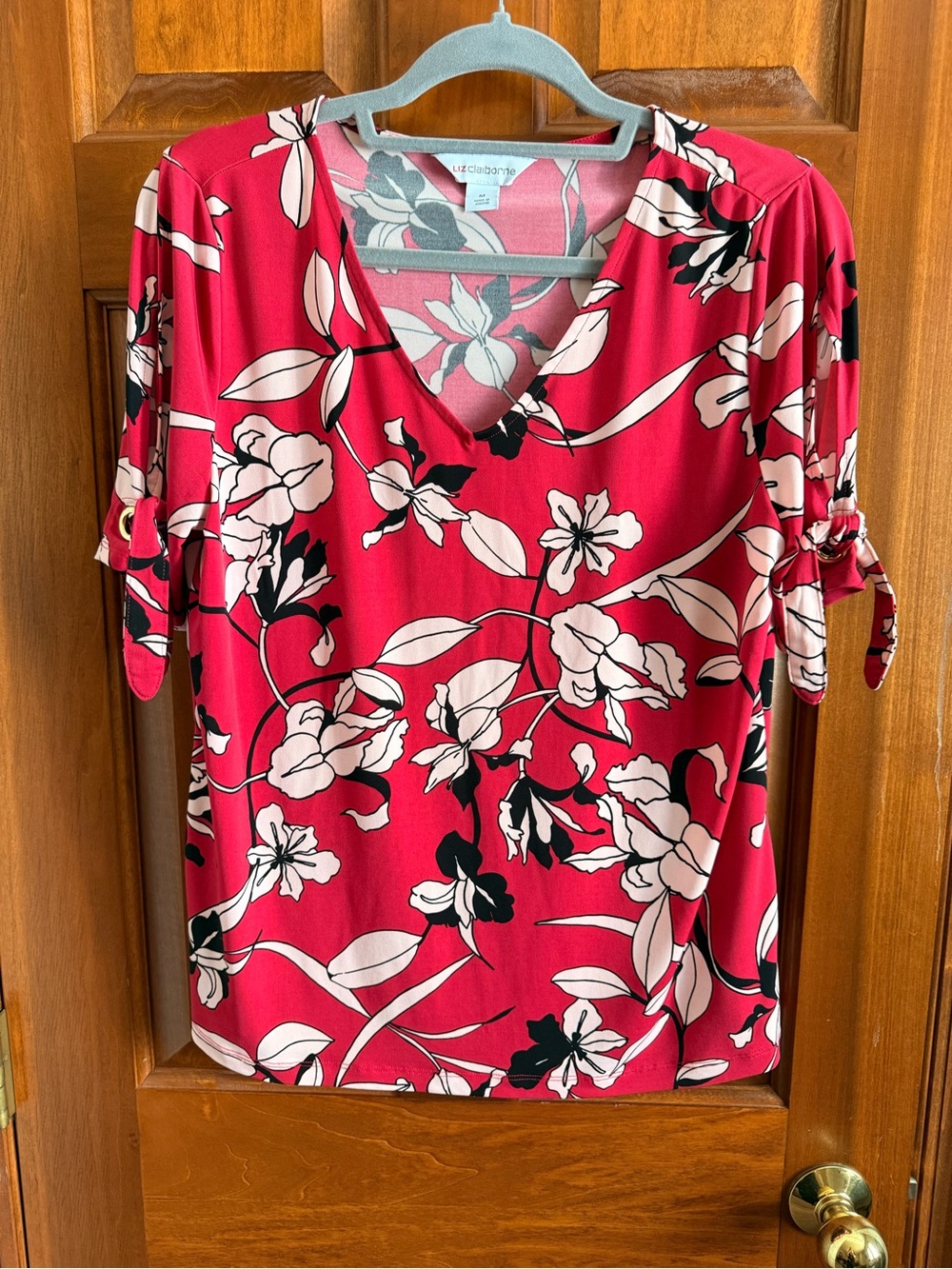 Liz Claiborne Pink Floral V Neck Tie Sleeve Blouse Women’s Medium